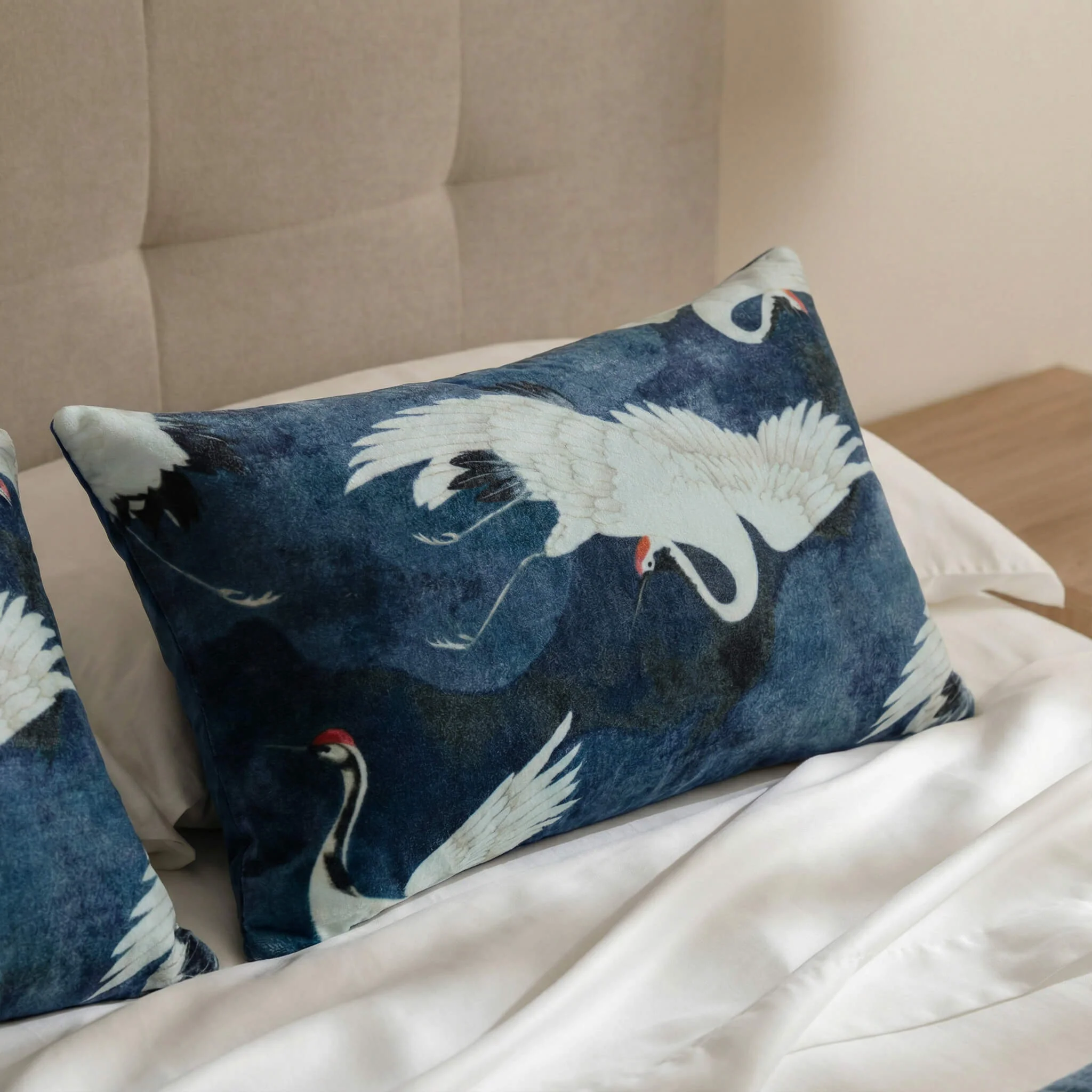 Velvet Crane in the Clouds Small Lumbar Pillow - Image 2